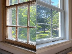 Comparison of old window vs. energy-efficient window installed by a door and window company