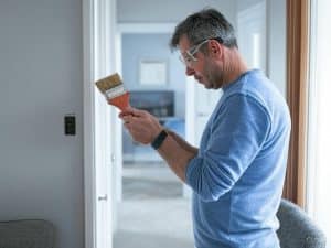 Homeowner painting an interior door to reduce door replacement cost with DIY finishing