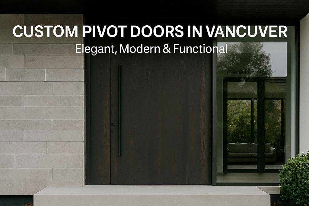 A modern pivot front door in Vancouver framed in matte black against stone and glass – labeled "Custom Pivot Doors in Vancouver – Elegant, Modern & Functional